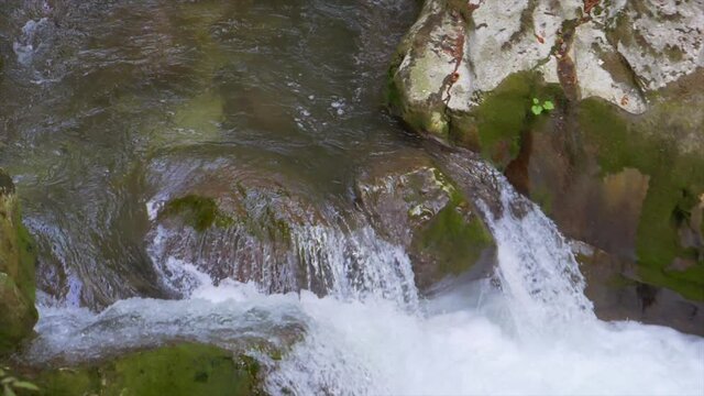 Slow motion footage of splashing small waterfall down the mossy rocks in swiss alps.