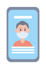 young man wearing face mask in smartphone