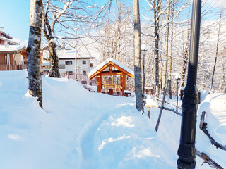 Fototapeta na wymiar A wooden gazebo stands on a snow-covered hillock among the trees against the backdrop of houses