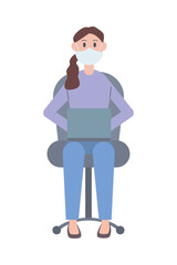 woman wearing medical mask using laptop seated in office chair