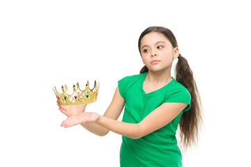 Dreams and fairy tales. Every girl dreaming to become princess. Lady adorable little princess. Royal family concept. In my dreams I could be princess. Kid wear golden crown symbol of princess