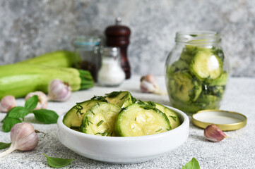 Marinated zucchini with garlic and dill. Blanks.