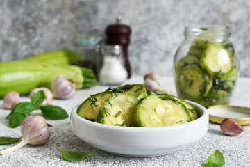 Marinated zucchini with garlic and dill. Blanks.