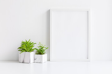 Frame and two plants in marble pots on a bookshelf or desk. Mockup.	