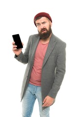 Mobile phone always with me. Hipster bearded man use smartphone. Internet surfing social networks with smartphone. Man with smartphone. Modern life demands modern gadgets. Mobile dependence concept