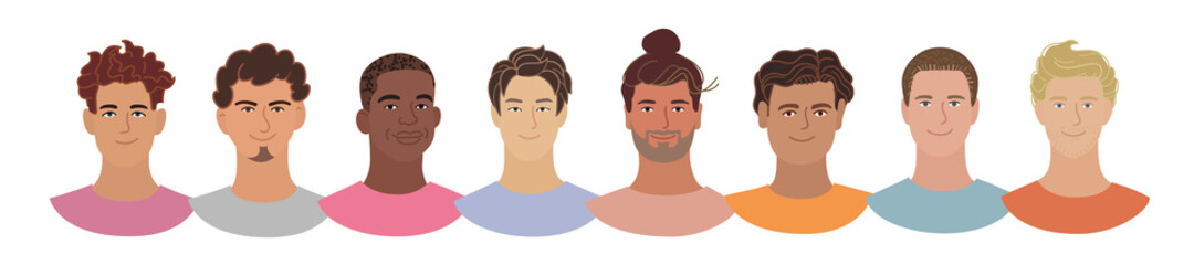 Diverse people. Men of different nationalities. Smiling men avatar set in cartoon style.