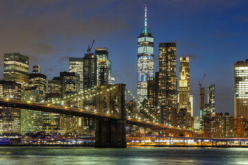 Fototapeta premium New York City skyline night Manhattan town Brooklyn Bridge twilight World Trade Center