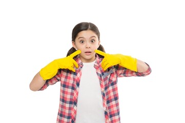 Clean house is happy one. Expert house cleaning service you can trust. Housekeeping duties. Cleaning supplies. Girl rubber gloves for cleaning white background. Teach kid appreciate cleanliness