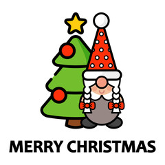 christmas dwarf girl vector with christmas tree and text