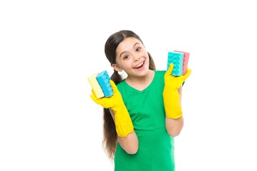 Cleaning with sponge. Cleaning supplies. Girl wear protective gloves for cleaning hold sponges white background. Housekeeping duties. Household concept. Helpful daughter. For sparkling results
