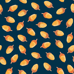 А seamless pattern for home textiles, children's clothing, packaging. Cute acorns on a blue background. Watercolor, handmade technique, autumn pattern.
