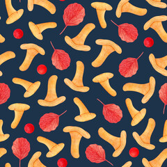 А seamless pattern for home textiles and packaging orange chanterelles and red leaves and berries on a blue background. Watercolor elements, autumn pattern. Handmade technique.