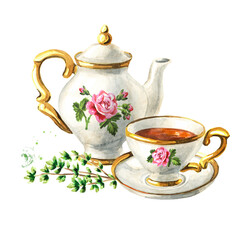 Teapot, cup of tea and Thyme. Hand drawn watercolor illustration isolated on white background