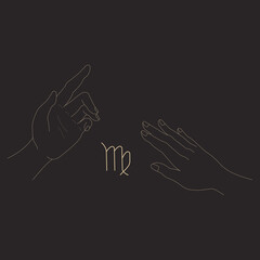 Virgo zodiac sign between magic hands in outline style. Isolated vector illustration. Design element for icon, logotype, tattoo, clipart, print. Vintage astrological concept.