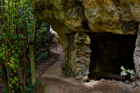 photos of the Portuguese caves, Burgos, Spain, Ancient houses dug into the rock of the mountain where in the Middle Ages the hermits lived praying retired from the world. September 2020