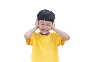 Asian little child covered his ear isolated on white background. Domestic Family violence concept. sad and unhappy child.