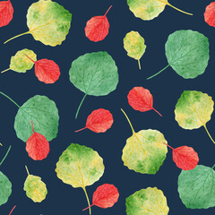 Seamless pattern for home textiles. Cute green and red leaves on a blue background. Watercolor elements, handmade technique, autumn pattern.