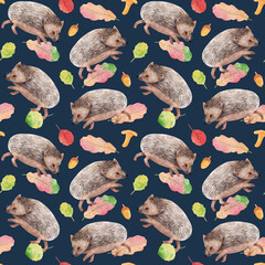A seamless pattern for baby bedding and baby clothes. Cute hedgehogs run through the forest. Watercolor illustrations on a blue background, handmade technique, autumn pattern.