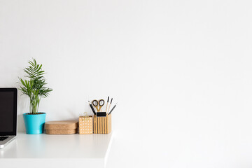 Home office desk. Creative workspace. Mock up.	
