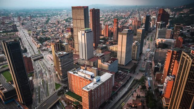 Timelapse view of high rise buildings and traffic in the financial district of Bogota, the capital and largest city in Colombia.