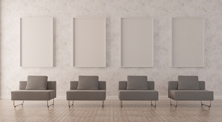 Poster mockup with vertical frame standing on floor in living room interior with grey sofa. 3d rendering