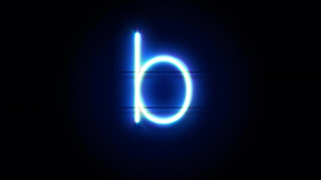 Neon font letter B lowercase appear in center and disappear after some time. Animated blue neon alphabet symbol on black background. Looped animation.