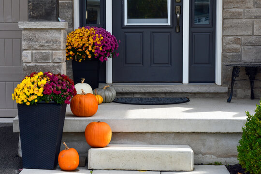 chrysanthemums and pumpkins in front of a house at halloween