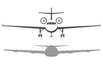 Airplane front view. Passenger or commercial jet isolated on background. Aircrfat in flat style. Vector illustration