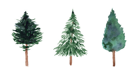 Set of bright green watercolor coniferous Christmas trees illustrations. Collection of watercolour pine, fir tree for New Year greeting cards and banner decor, stickers