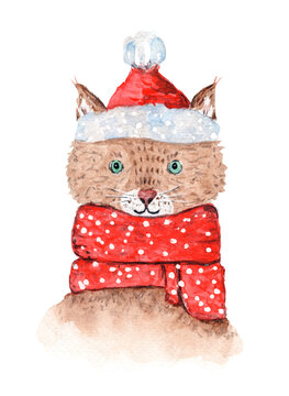 Cute watercolor winter brown lynx in snowy red scarf and Christmas hat. Childish New Year illustration with cheerful cat for greeting card design, banner, sticker, xmas decoration