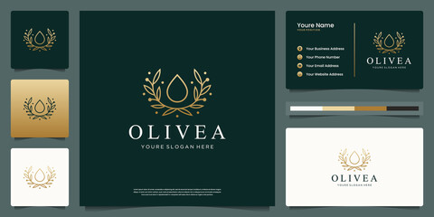 Water drop and branch tree line art style. Luxury logo and business card design.