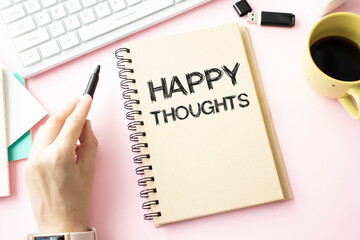 Writing text showing Happy Thoughts. Business concept for Happiness Thinking Good written on sticky note paper on the black keyboa.