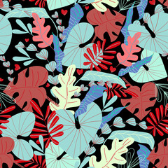 tropical leaves seamless pattern. Palm leaves, banana, date. Hand-drawn stylized leaves 