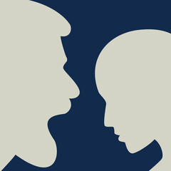 Man aggresive shouting, screaming at woman. Domestic violence. People profile heads. Vector background.