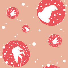 seamless pattern with sitting and walking polar bear under the snow