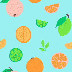 Seamless pattern with vector watercolor citrus: lemon, orange, grapefruit