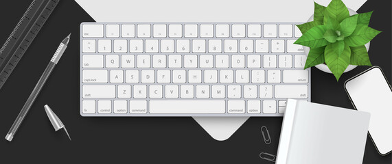 Clean minimal top view office workspace with 3d realistic keyboard, note, smartphone, desk plant vector