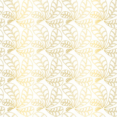 Delicate seamless vector pattern. Gold abstract line leaf shapes on white background. Great for interior fabrics, wallpaper, wedding invitations and Christmas wrapping paper and decorations.