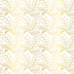 Fototapeta premium Delicate seamless vector pattern. Gold abstract line leaf shapes on white background. Great for interior fabrics, wallpaper, wedding invitations and Christmas wrapping paper and decorations.