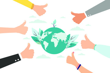 vector illustration, hands close the planet from pollution, save the planet, a small process of a plant, save energy, Earth Day concept - vector