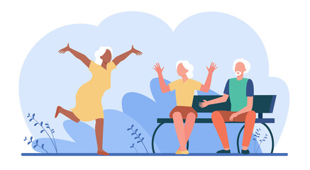 Aged woman running to friends to say hello. Vacation, relaxation. Flat vector illustration. Leisure and entertainment concept can be used for presentations, banner, website design, landing web page