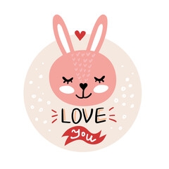 Vector, clip art, hand drawn Valentines day illustration. Funny fairy tale, forest animal, rabbit face. Sticker, print for cards, posters t-shirts other clothes and more