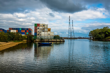 A view from Eling near Southampton, UK towards the container port in Autumn