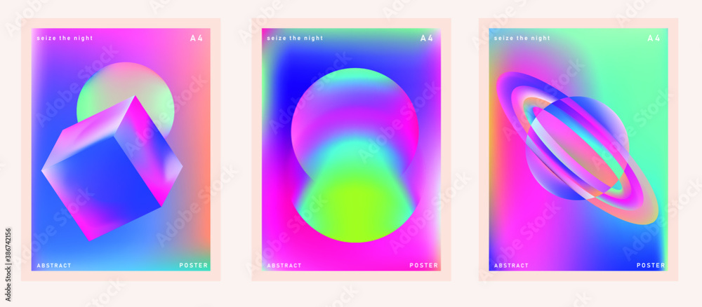 Poster set of minimal posters with abstract composition of glowing neon planets. synthwave and vaporwave st