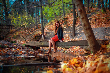 The girl in the red dress. Autumn park. The model is sitting on a wooden bridge. Wooden bridge over the stream.