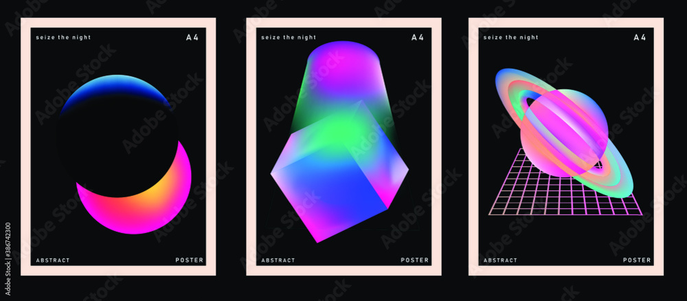Aufkleber Set of minimal posters with abstract composition of glowing neon shapes and planets. Synthwave and vaporwave style covers for music or dance event.