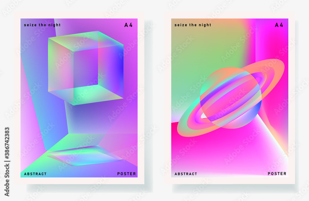 Aufkleber Set of minimal posters with abstract composition of glowing neon shapes and planets. Synthwave and vaporwave style covers for music or dance event.