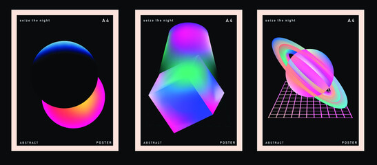 Set of minimal posters with abstract composition of glowing neon shapes and planets. Synthwave and vaporwave style covers for music or dance event.