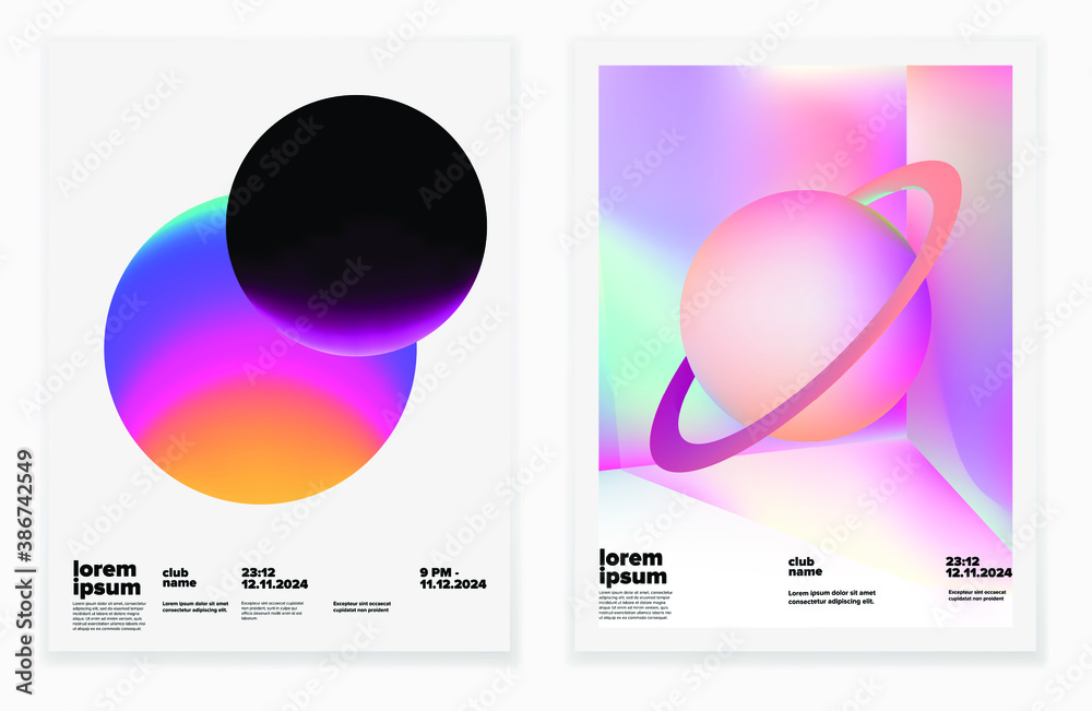 Poster set of minimal posters with abstract composition of glowing neon planets. synthwave and vaporwave st