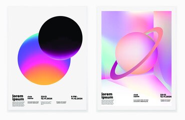 Set of minimal posters with abstract composition of glowing neon planets. Synthwave and vaporwave style covers for music or dance event.